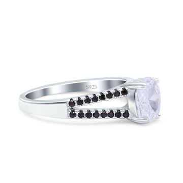 Split Shank Halo Oval Wedding Ring Black Simulated Cubic Zirconia 925 Sterling Silver